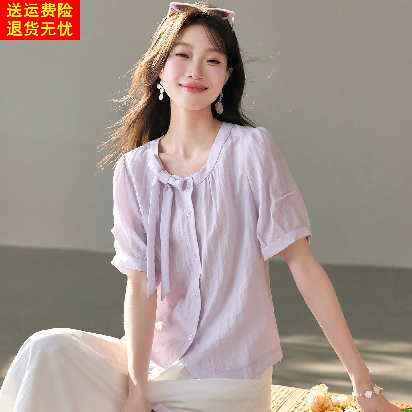 日系蝴蝶结亚麻短袖衬衫女2026夏季新款显瘦设计感减龄洋气感上衣