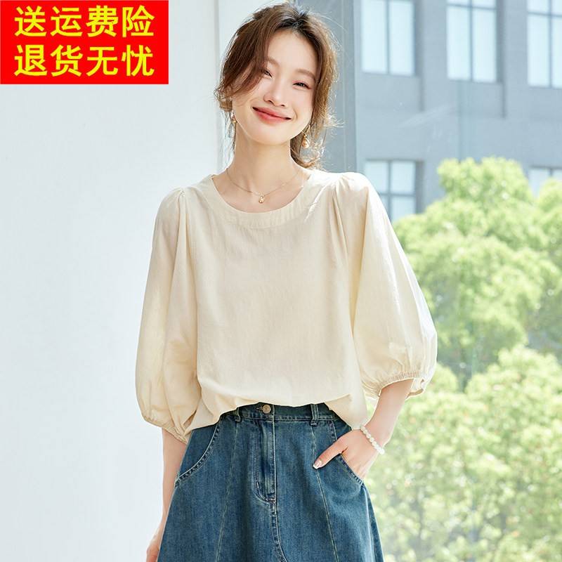 法式棉麻短袖衬衫女夏季薄款五分袖T恤圆领休闲遮肚子宽松衬衫上