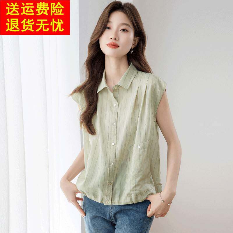 棉麻短袖衬衫女夏季2026爆款宽松显瘦条纹漂亮小衫高级感减龄上衣