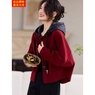 2025新款秋冬季加厚可脱卸连帽短外套女高级感气质小个子宽松开衫