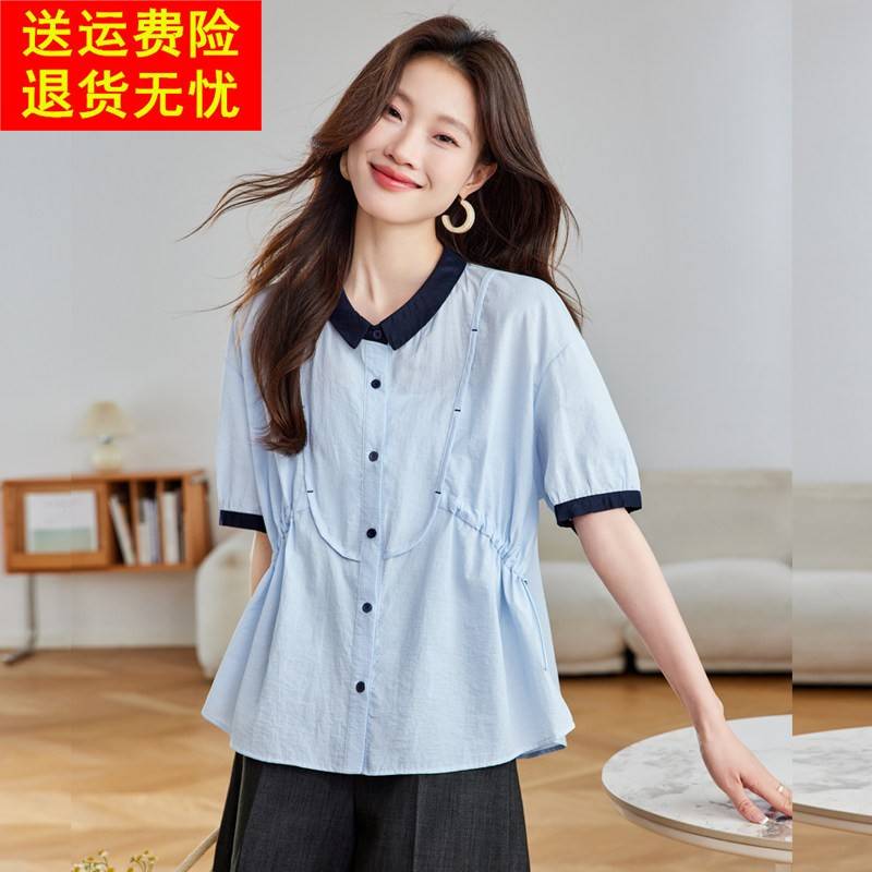 蓝色纯棉短袖衬衫女夏装2025新款亚麻小衫遮肚子高级感娃娃衫上衣
