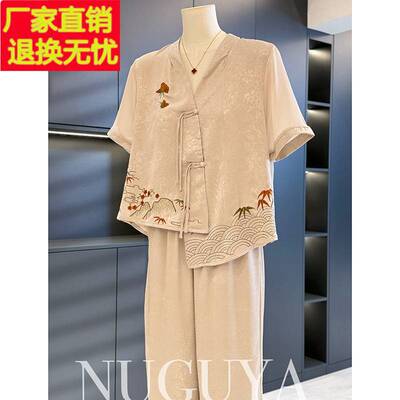 时尚洋气妈妈装雪纺套装女短袖2025夏装新款气质百搭中老年两件套