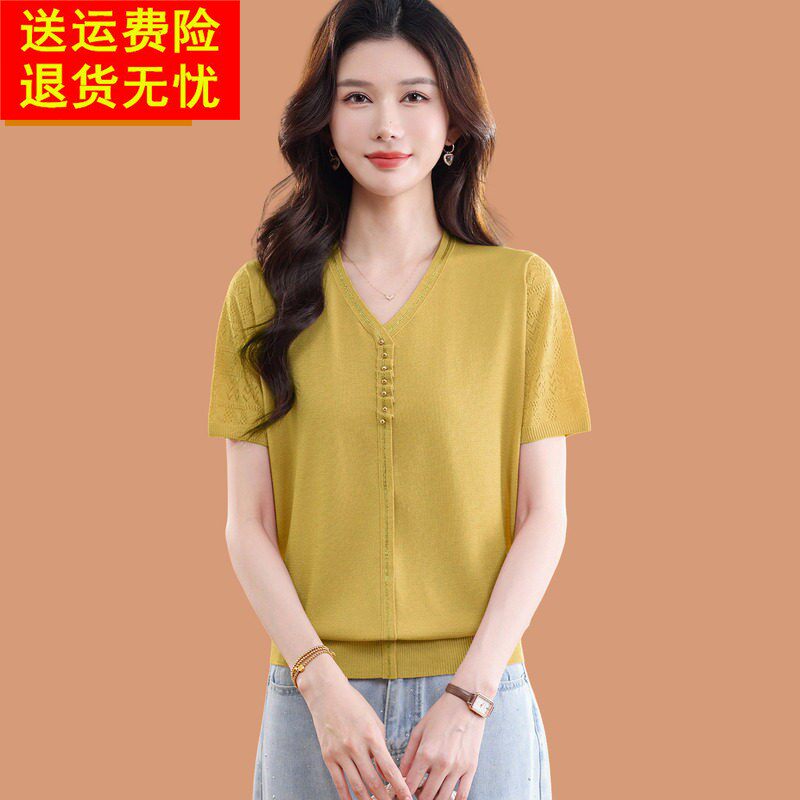 V领真丝短袖t恤女夏装2026新款V领洋派妈妈薄款冰丝针织衫上衣