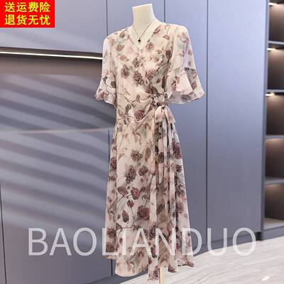 母亲节礼物妈妈夏季连衣裙中年女装新款短袖中老年洋气雪纺长裙子