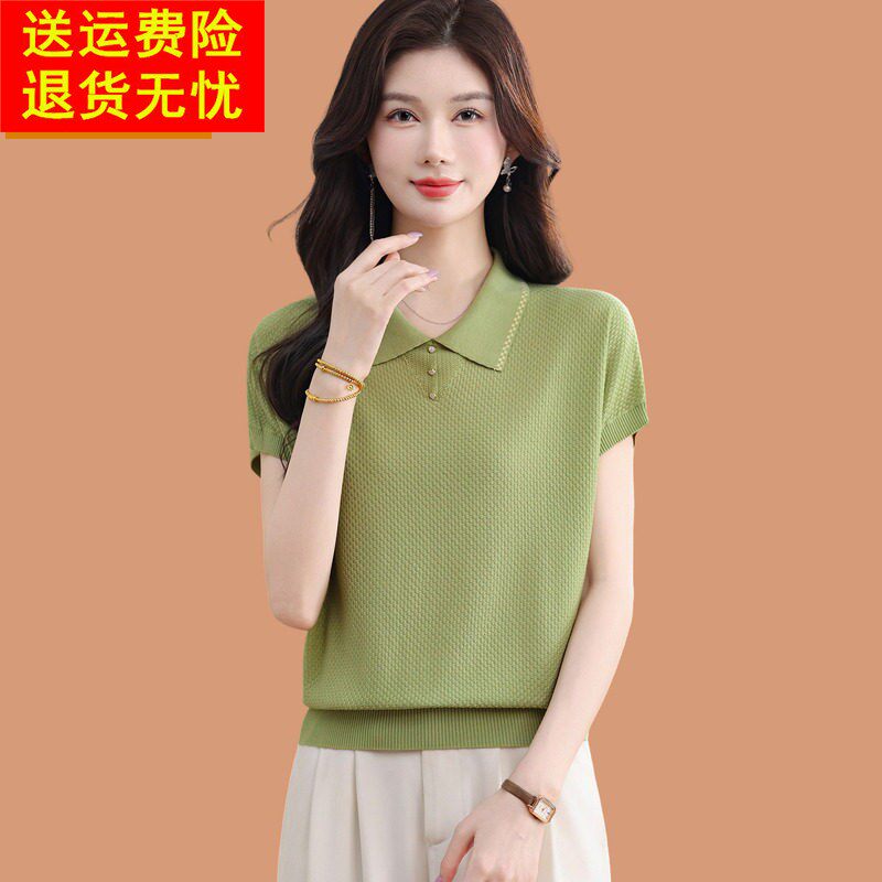 翻领真丝短袖t恤女2026新款夏装洋派妈妈薄款冰丝针织篇幅衫上衣