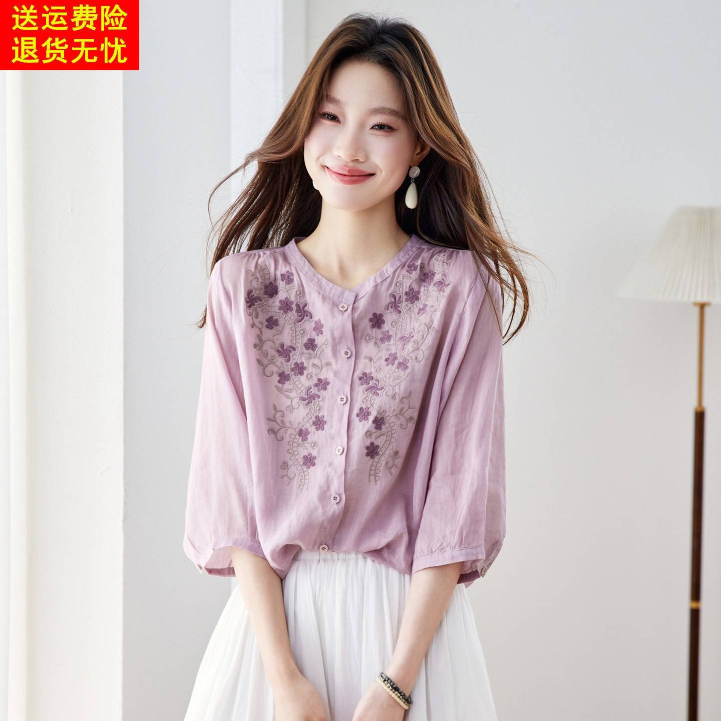 文艺风苎麻刺绣短袖衬衫女夏季2026新款独特巨好看棉麻半袖衬衣女