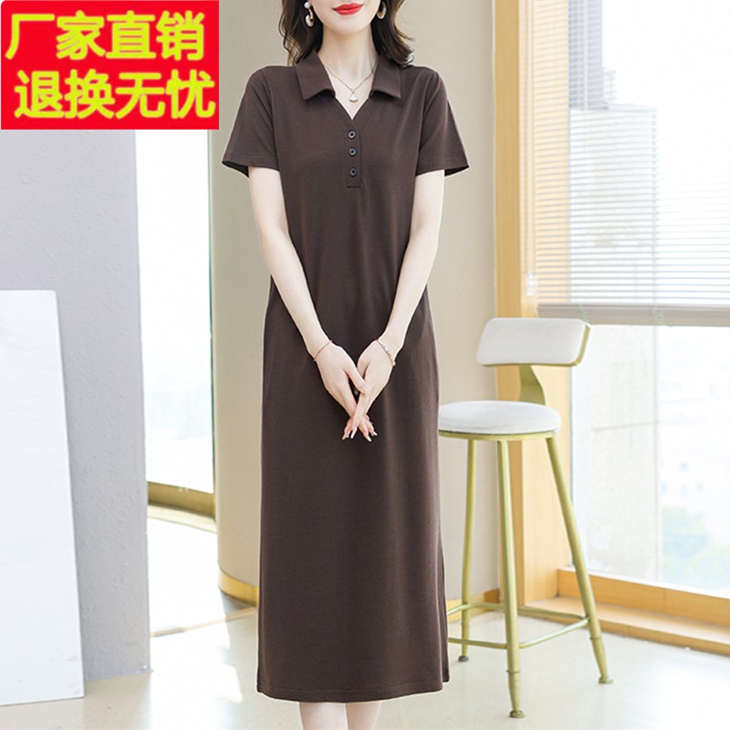 纯棉t恤裙女夏季长款过膝宽松休闲大码Polo领连衣裙显瘦洋气翻领