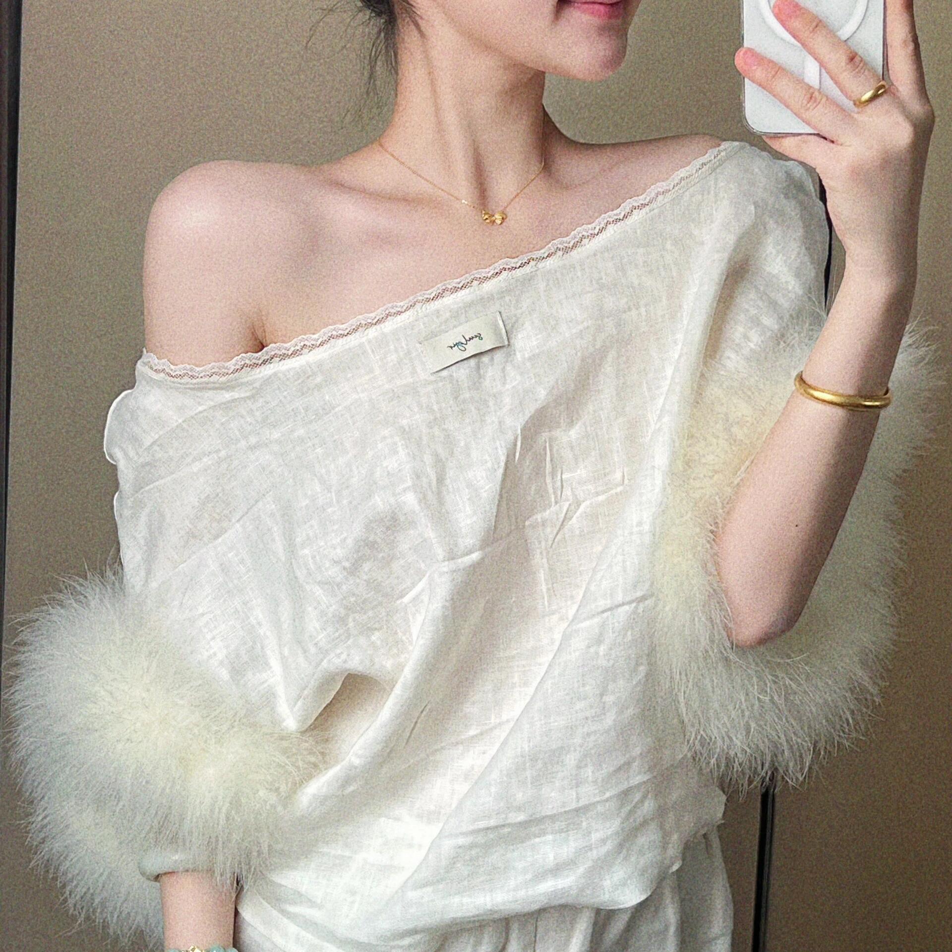 法式高级驼鸟毛短袖睡衣