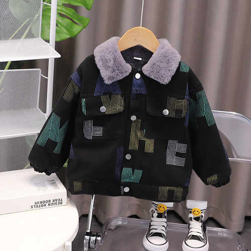 男童加绒牛仔外套韩版儿童洋气加厚夹克上衣小童秋冬装宝宝潮衣服