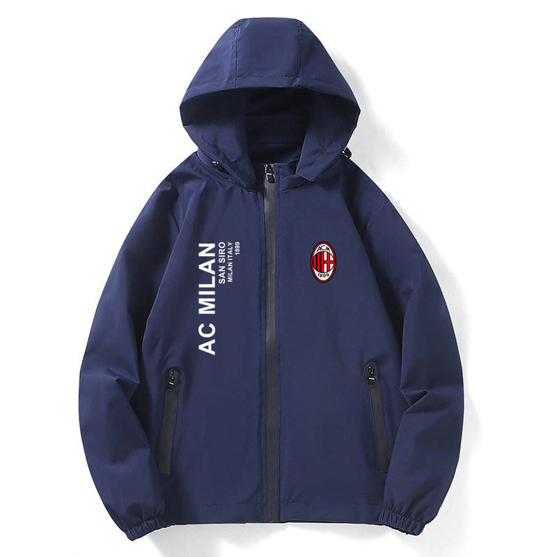 足球欧冠AC米兰春秋季薄款加肥加大码拉链外套可卸帽夹克肥佬风衣