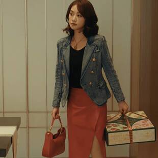 原版夜色正浓蓝盈莹梁丹宁同款牛仔外套翻领上衣半身裙女衣服潮