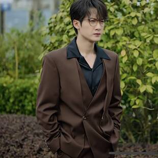 原版滤镜檀健次唐奇同款西装外套v领拼接长袖西服上衣男衣服潮
