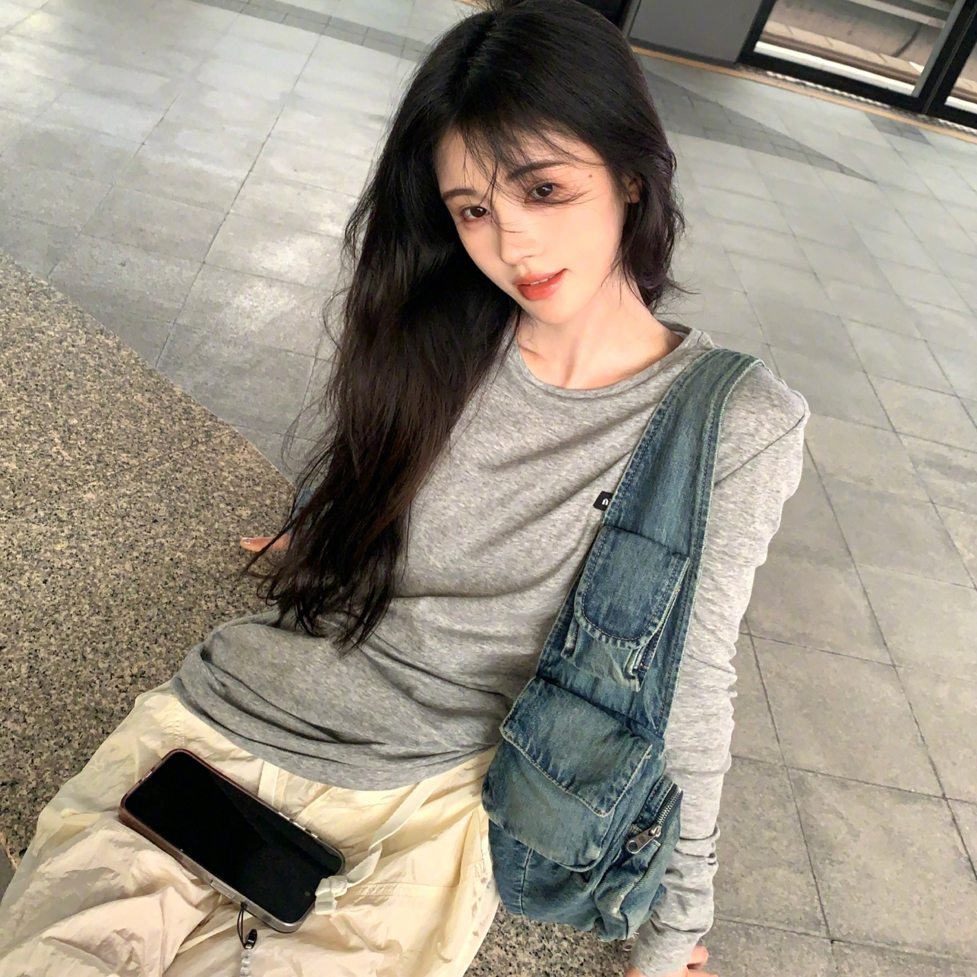 原版明星鞠婧祎同款长袖t恤圆领灰色薄款休闲百搭上衣女衣服潮