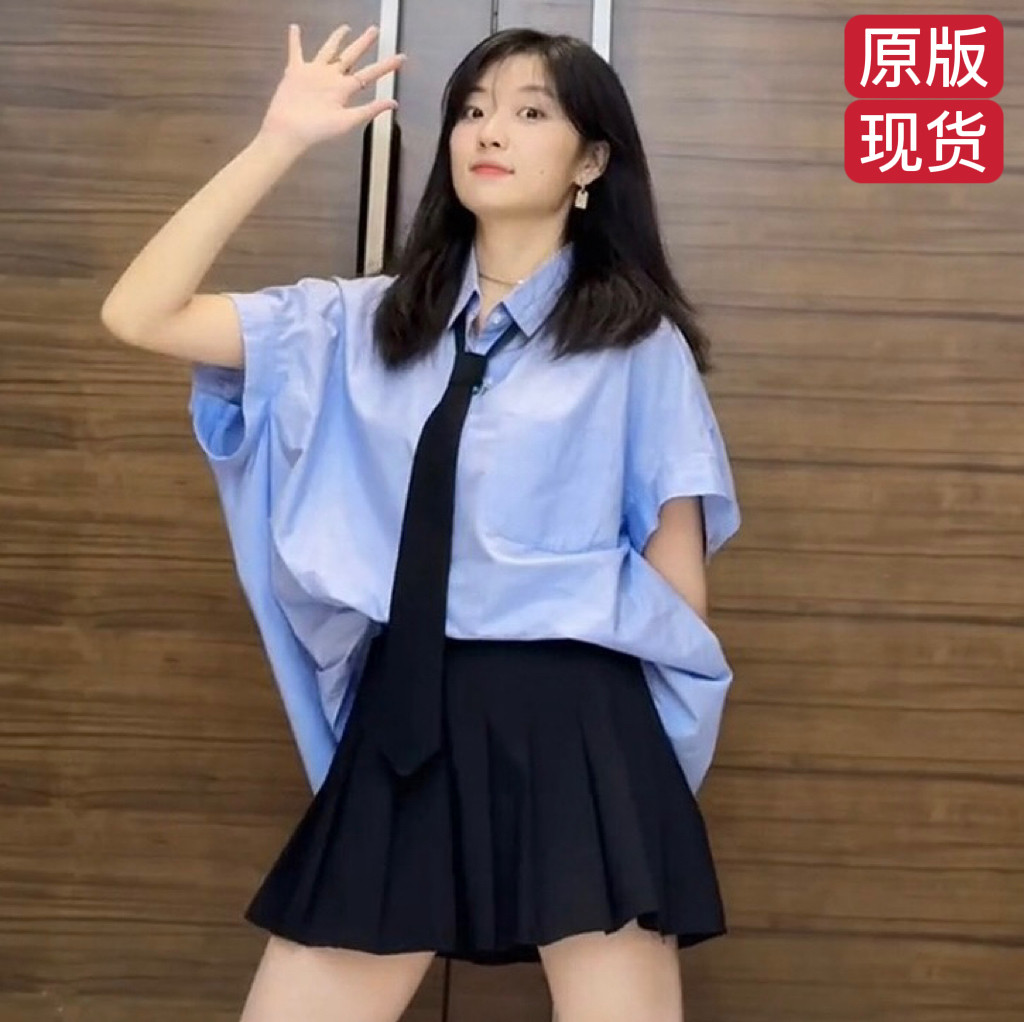 原版甜蜜的任务孙千明星同款蓝色短袖衬衫女ins学院风宽松上衣夏