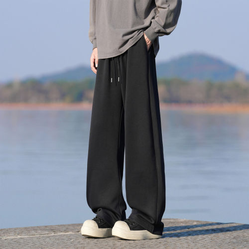 灰色重磅卫裤男款秋季运动休闲阔腿直筒宽松百搭美式长裤子