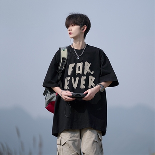 WASSUP BROWN黑色字母潮流短袖男款2026新款美式高街半截袖夏天