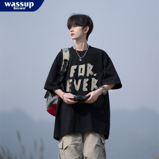 WASSUP BROWN黑色字母潮流短袖男款2026新款美式高街半截袖夏天