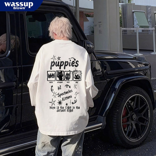 WASSUP BROWN 美式猫咪纯棉长袖T恤男秋季内搭复古宽松打底衫上衣