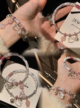 繁花似锦Kitty猫银手镯纯银9999实心足银镯子送女友闺蜜生日礼物