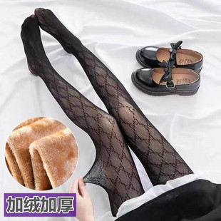秋冬季加绒加厚连裤袜假透肉中小网眼袜性感渔网袜保暖提花打底裤