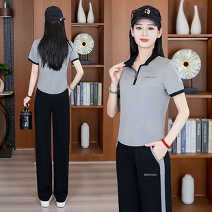 大码 POLO衫 直筒裤 冰丝T恤休闲跑步服夏季 女2025新款 运动套装 短袖
