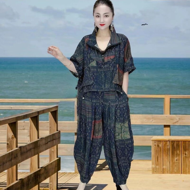 花色九分裤棉麻套装女士大衫冰丝
