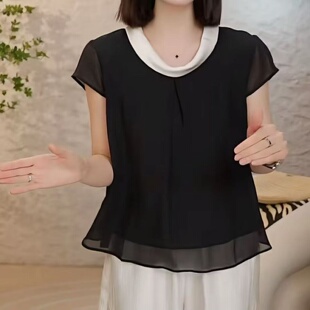 法式减龄撞领雪纺衫女夏季宽松百搭显瘦藏肉款黑白色拼接短袖上衣