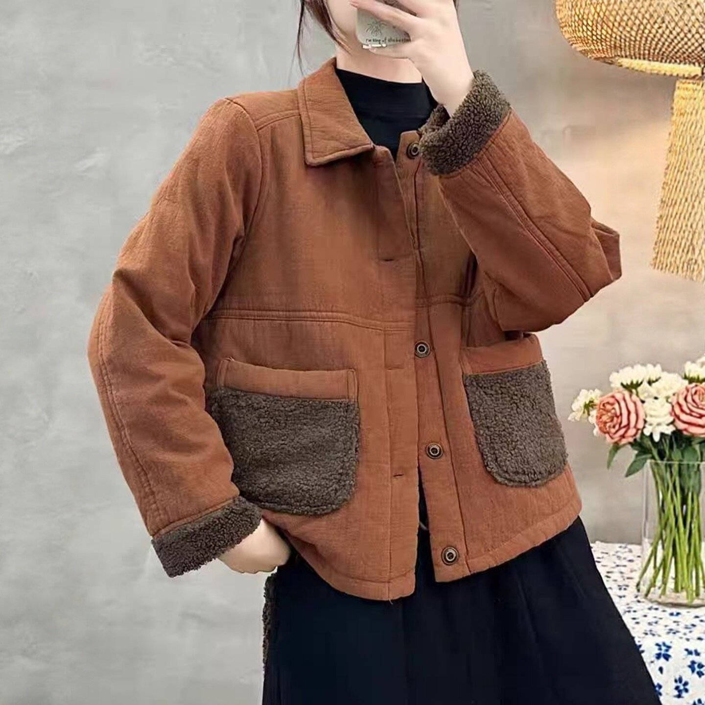 中老年女装冬新款翻领羊羔毛棉服