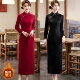 加绒长款 旗袍女长袖 立领盘扣改良版 新中式 喜婆婆婚宴装 礼服连衣裙