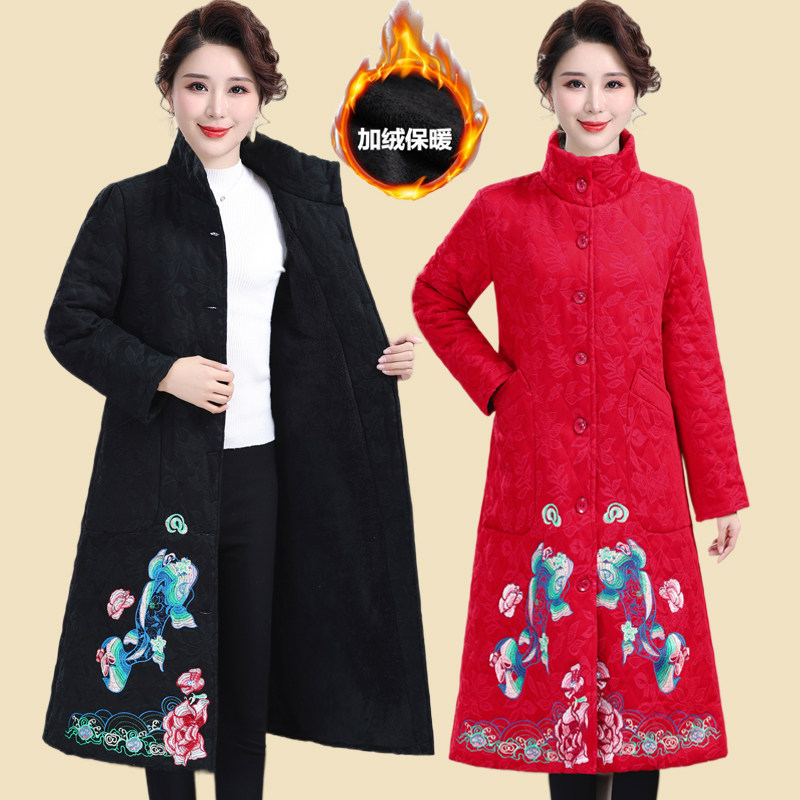 妈妈装民族风绣花加绒加厚长款棉服外套中老年复古盘扣唐装女棉衣