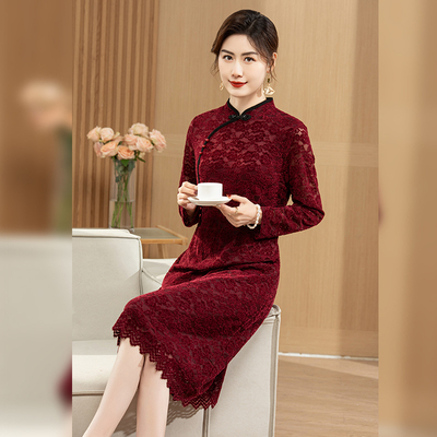 长袖春秋新款纯色高贵旗袍连衣裙