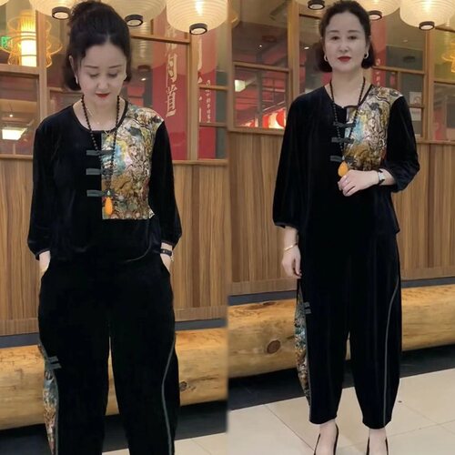 金丝绒2022年秋季复古盘扣套装女