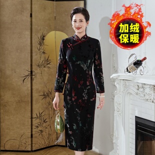 老上海复古风加绒加厚改良旗袍女秋冬中长裙修身显瘦保暖高端宴会