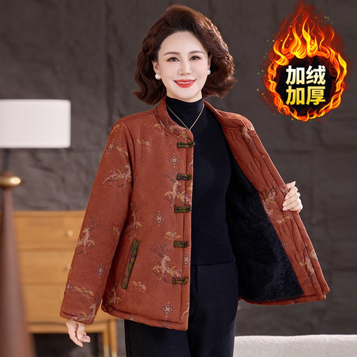 新中式风盘扣印花唐装棉衣外套女