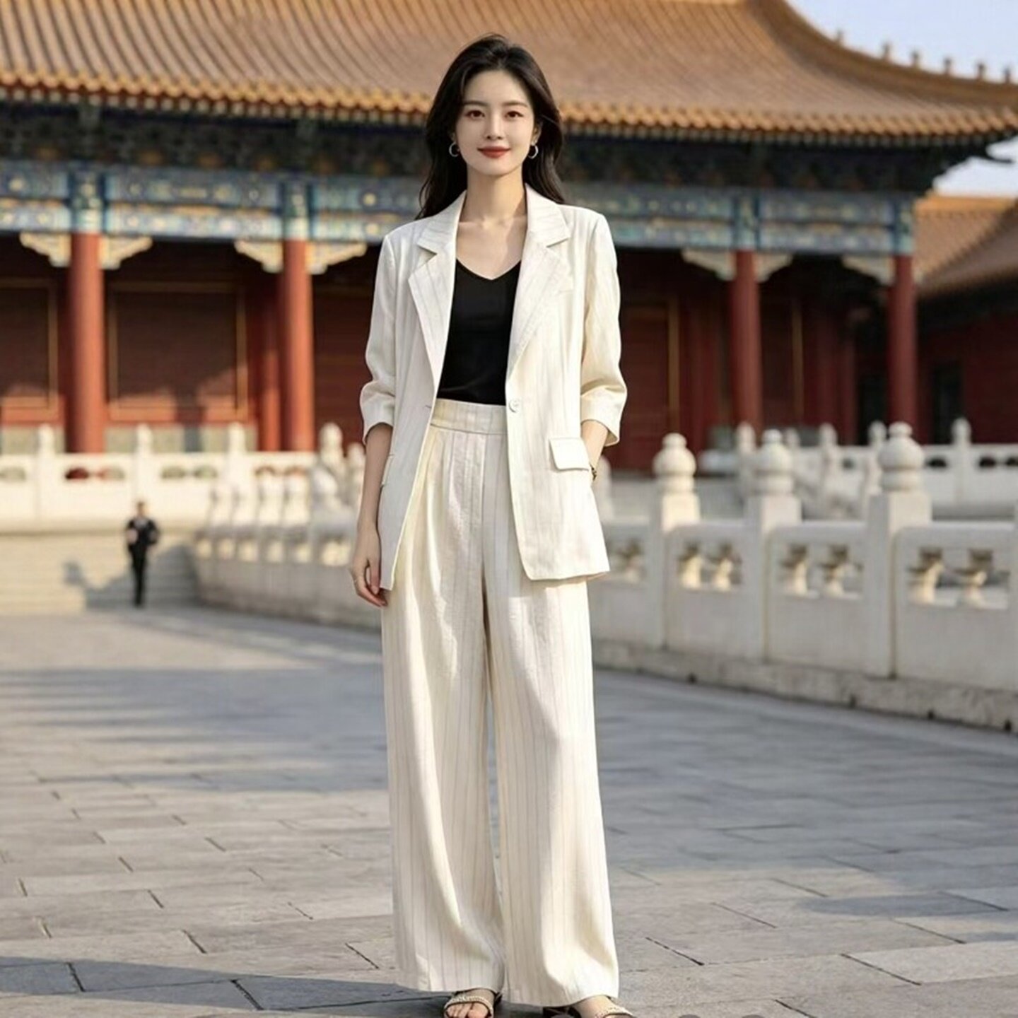 春夏女装薄款西装阔腿裤两件套装