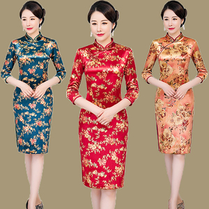 旗袍中年女春秋新款复古中国风中长款妈妈气质礼服日常改良连衣裙