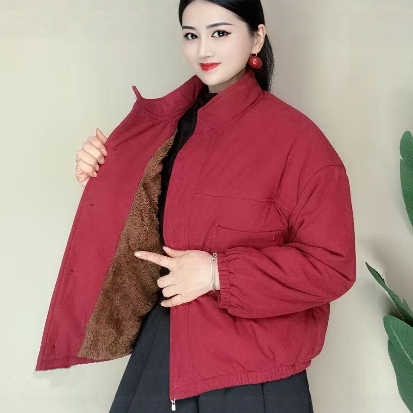 冬季立领加绒加厚宽松女棉服外套