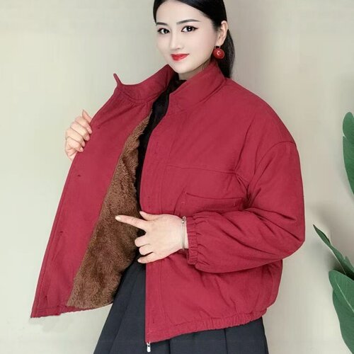 冬季立领加绒加厚宽松女棉服外套