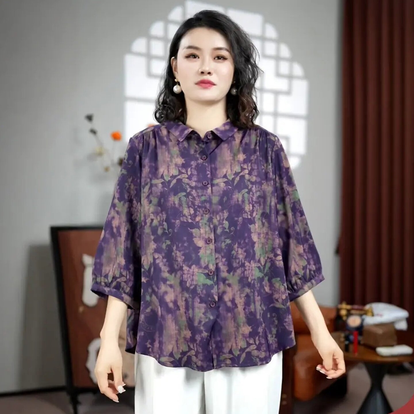 妈妈装七分袖碎花衬衫宽松大码女