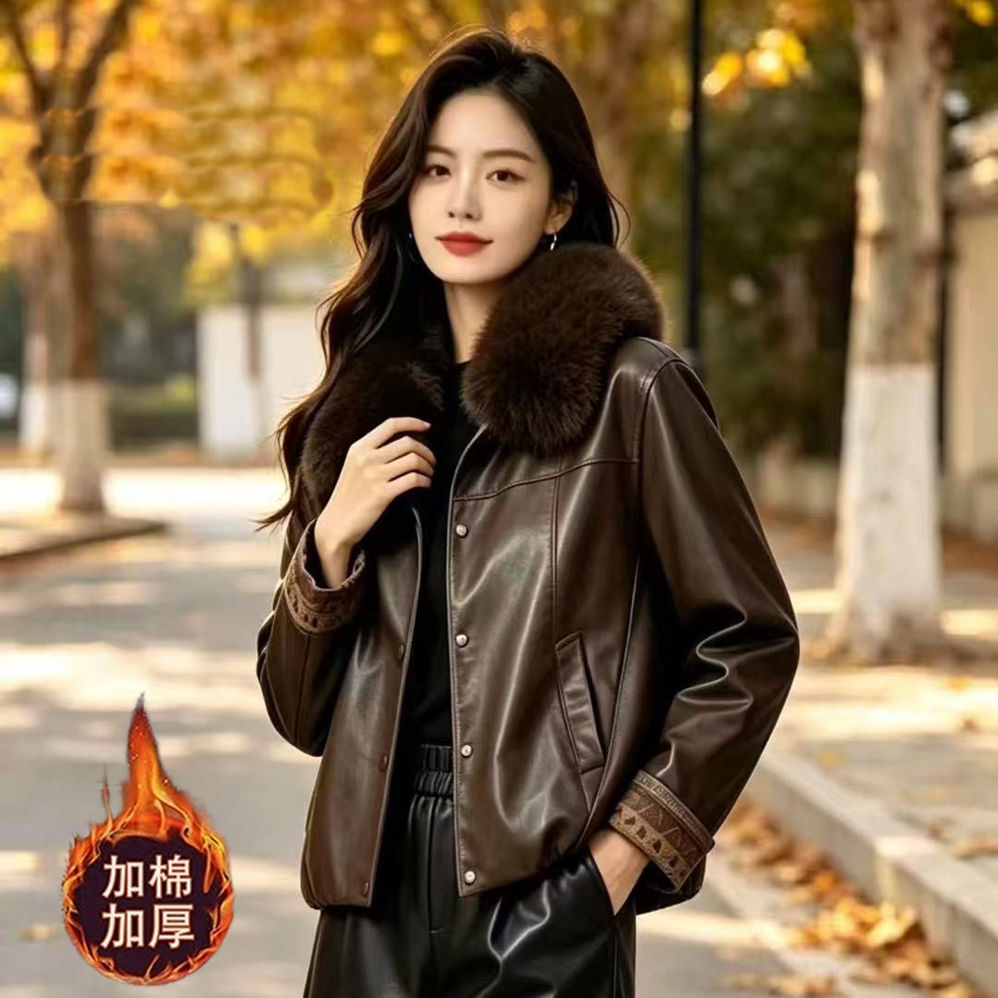 仿真皮大毛领加棉加厚短款皮衣女
