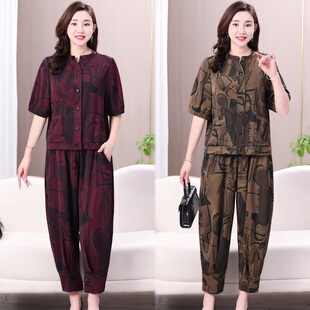夏季新款洋气减龄休闲套装中年女时尚宽松复古开衫上衣裤子两件套