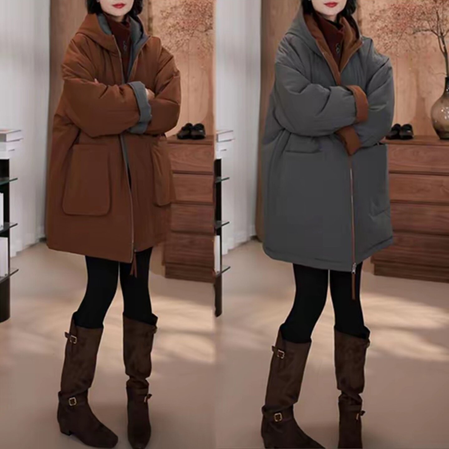 两面穿连帽加厚棉服女中长款棉衣