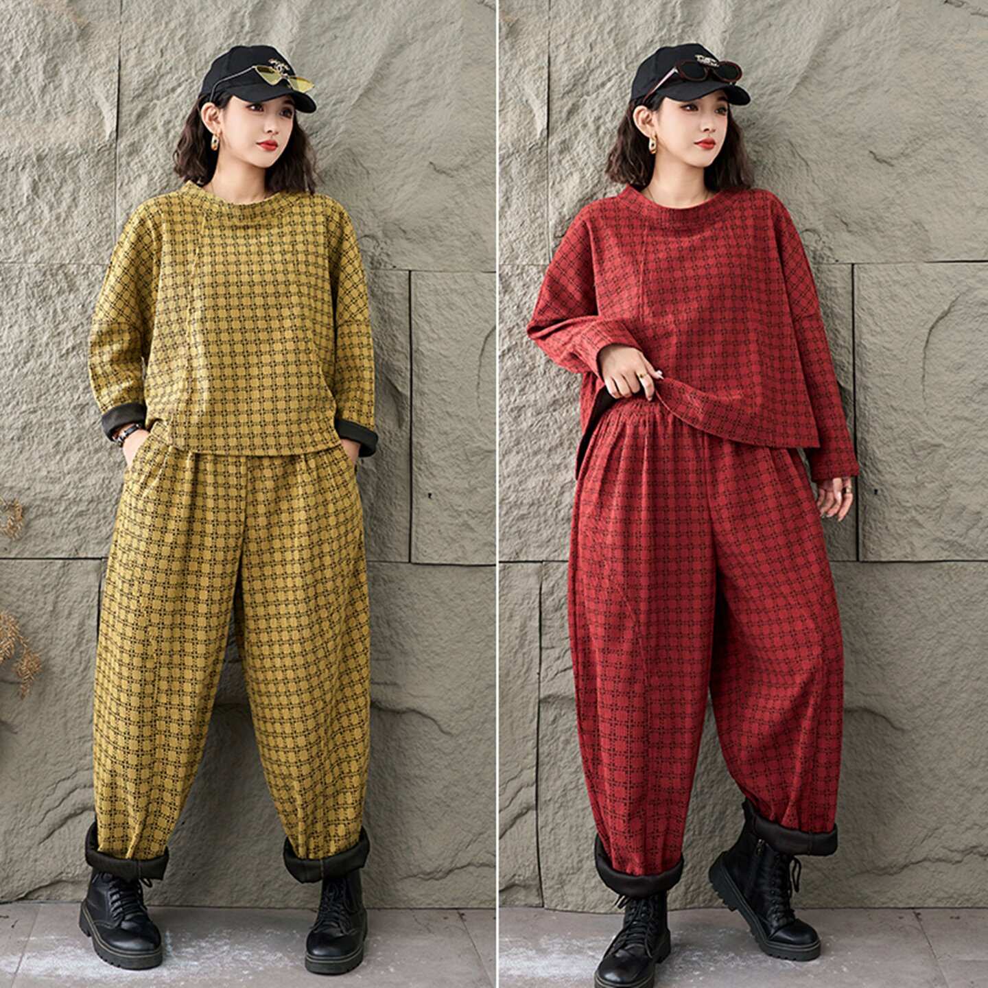 秋季新款格子时尚套装宽松大码女