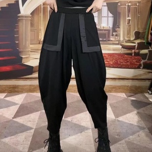 垮裤 春夏新款 宽松显瘦大码 女松紧腰弹力哈伦裤 拼接立体口袋老爹裤