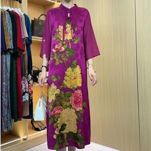真丝贵夫人妈妈高端连衣裙夏款中年时尚优雅气质50岁旗袍大码长裙