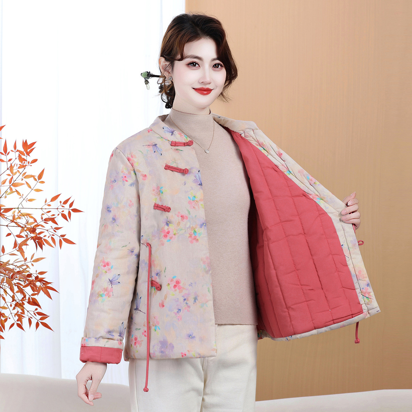 中式复古加棉加厚斜开襟唐装棉衣女冬季新款开衫盘扣印花保暖棉袄