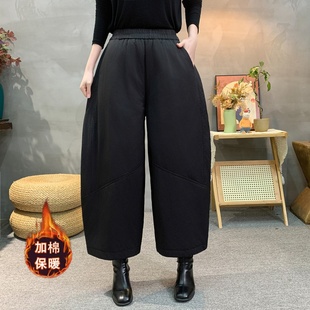 加棉加厚高腰休闲百搭花苞灯笼裤女冬季宽松保暖棉裤黑色外穿长裤