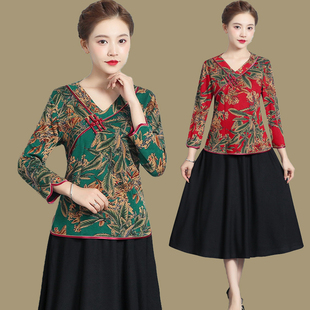 新式改良版旗袍上衣两件套新款春秋复古中国风妈妈唐装半身裙套装