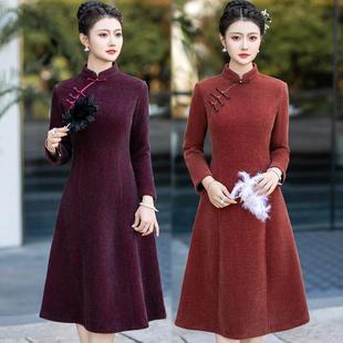年轻中式加厚优雅修身妈妈日常旗袍裙金貂绒复古风大码连衣裙A版