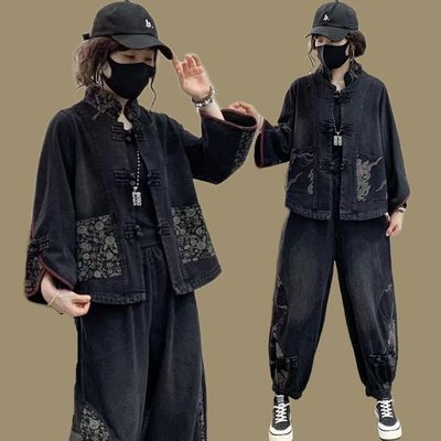 牛仔2023年春季复古盘扣套装休闲